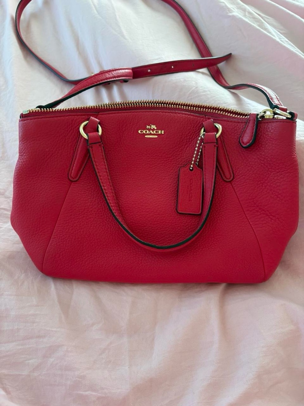 Coach Red Pebbled Leather Shoulder Satchel with Gold Hardware